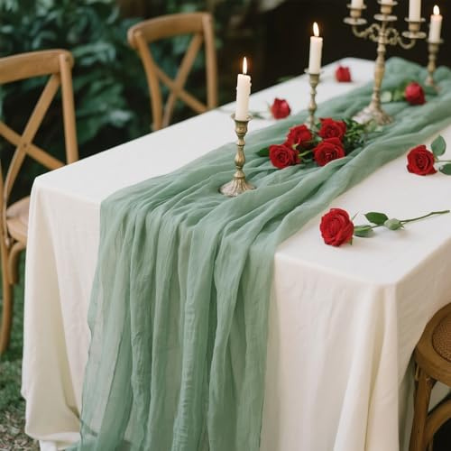 Salbeigrün Seihtuch Tischläufer, Boho Rustikaler Gaze Tischläufer, Tischdecke für Boho Hochzeit Dekoration Geburtstagsparty 90x300 cm