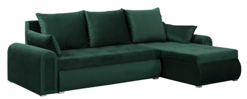 FORNIRO 24 Forli Ecksofa 232x143x80cm Grün Wohnzimmer Couch Schlafsofa | Mit Schlaffunktion & Bettkasten - L-Form - Kissen - Stoff Basic | ausziehbar Gäste bequem Stauraum Design hochwertig Eckcouch