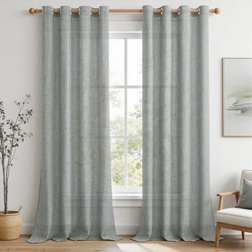 MRTREES Gardinen Leinen Halbtransparent Fenster Vorhänge Schlafzimmer Vintage Ösenschal 2er Set H 245 x B 140 cm, Vorhang mit Ösen Leinenoptik Landhaus Gardine Wohnzimmer, Nebelgrau-Grün