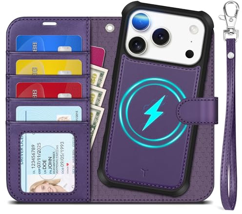 TUCCH Fodral för iPhone 17 Pro 6,3 tum 2025, 2-i-1 avtagbart mobiltelefonfodral, magnetiskt fällbart fodral, trådlös laddning, band, stativ, RFID-blockering, 4 kortfack, PU-läder, mörklila