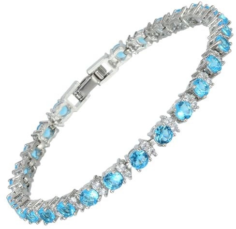Pulsera de tenis eterna de Rizilia para mujer - 18K de oro blanco chapado, circonita multicolor de talla redonda, 18 cm (7 pulgadas) Elegante pulsera de piedra de nacimiento, para boda, regalo y uso