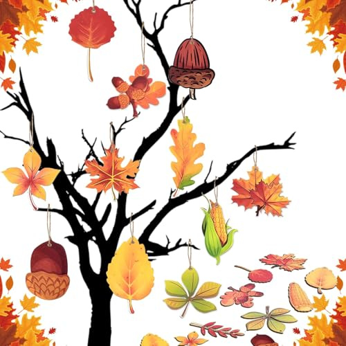 18 Stück Holz Ahornblatt Anhänger, Verschiedene Herbstdeko Fenster Hängend, Herbstdeko zum Aufhängen mit 5m Hanfseil, Deko AST Zum Aufhängen, Holz Herbst Dekoration für Hochzeits und Partydekoration