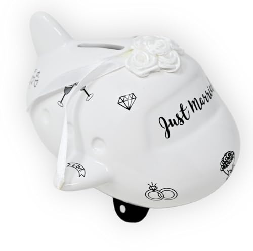 damaloo Hochzeits Spardose Flugzeug – Just Married Sparbüchse – Keramik Hochzeitssparbox – Geldgeschenk Hochzeit – Wunscherfüller – Geldsparbüchse – Hochzeitskasse – XXL Spendendose