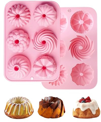 Thapncow 2-teilige Mini-Gugelhupfform aus Silikon, 6-Loch-Kuchenform, rosa, wiederverwendbar, kleine Backform, mikrowellengeeignet, geeignet für Muffins, Brownies, Puddings und Wackelpudding