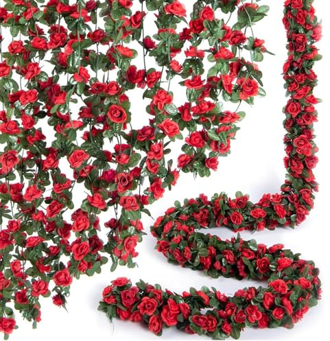 Sumneo 2 Stück Rosen Girlande künstliche Blumen 2,4 Meter mit 45 Blüten aus Kunstseide - Deko für Hochzeitsbogen, Garten, Balkon, Wohnzimmer, Wand, Büro, Party (Rot)