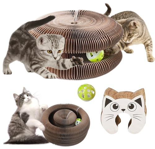 2-in-1 Magic Organ Katzen Kratzbretter mit Glöckchen, Zusammenklappbares Interaktives Kitten Kratzbrett, Cat Scratching Board Katzenspielzeug Durable Recyclable Cat Scratcher Cardboard House