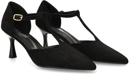 96105 Zapato de Tacon Medio con Tira en T para Mujer. Elegante, Comodo y versatil. con un Diseno Tipo Salon Ideal para Otono Invierno. Cierre de Hebilla y Tacon Fino. Negro Talla 39