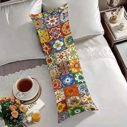 Seitenschläferkissen Bezug 120x40cm Bunt Kissenbezug Boho Muster kopfkissen, Doppelseitig Drucken Samt Pillow Case, Body Pillow Schwangerschaftskissen & Seitenschläferkissen 40 x 120 w-12084