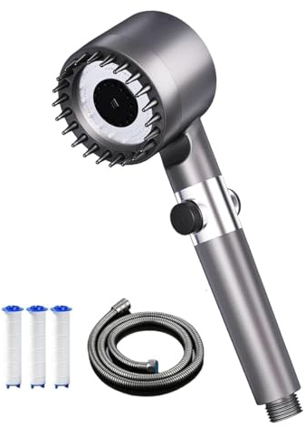 Pommeau de Douche Haute Pression, Pommeau Douche Economie Deau 4 Types de Jets Pommeau de Douche Anti Calcaire avec Tuyau Douche 1.5M et Support de Douche (Gris clair, 10-11 Inch（27 * 9 * 8cm）)