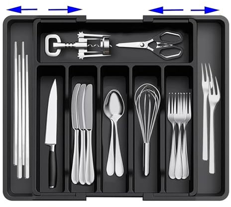 Szjinbao Besteckkasten für Schubladen, Großer Abnehmbar Utensilienständer Erweiterbar auf 57cm, verstellbarer Kunststoff Organizer Küche Tiefe 38cm, Besteckeinsatz für Messer/Gabel, Schwarz