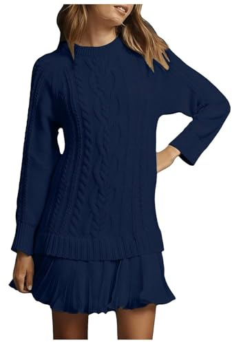 Damen Strick Set Zweiteiler Rollkragenpullover Oversize Langarm Spitzenkleid Elegant Winter Pullover Kleid Ärmellos Strickkleid Herbst Outfit Warm Grobstrick Unterkleid mit Spitze Casual Minikleid