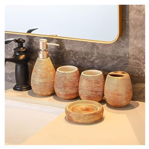 Bathroom Sets Juego de Accesorios baño 5 Piezas: dispensador loción cerámica Moderna a Rayas y Soporte for cepillos Dientes Coastal Decor(Brown)