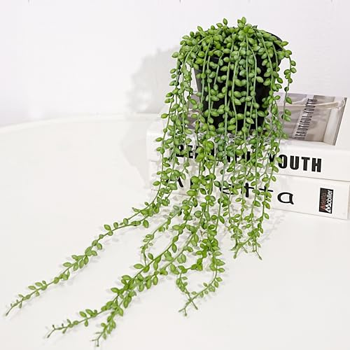 JaHe Artisan Fake String of Pearls in Black Pot, Realistic Potted Artificial Succulents Natural-Looking Faux Hanging Plants for Home Office Shelf Desk Windowsill Bathroom Garden Decor, Set of 1