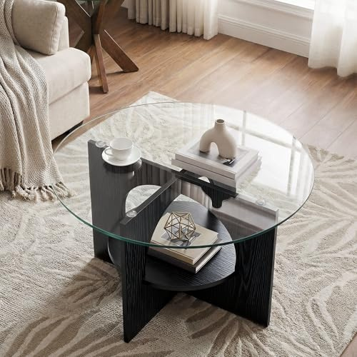 YITAHOME Round Coffee Table, 2-Tier Glass Coffee Tables with Storage, Multi-Purpose Modern Center Table or Cocktail Table for Living Room, Office, Lounge, Black