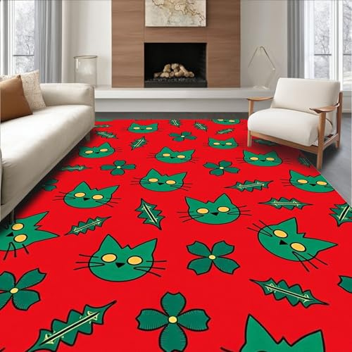 ODIKA Flatwoven High Traffic Area Rug 6x9, Vivid Interlocking Cat Design with Playful Angles and Joyful Holiday Palette, Non Slip, Washable for Living Room, Bedroom (Red, 6x9, Pad)