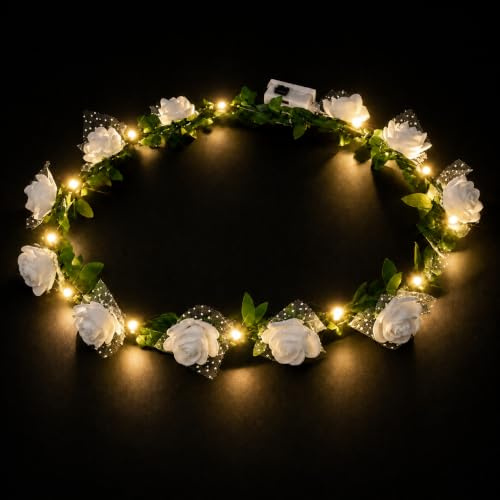 Cerchietto Capelli Donna LED Fascia Fiori Bianco | Coroncine, Tre Modalità Ghirlanda, Luminosa, Feste Compleanni Matrimonio Pasqua