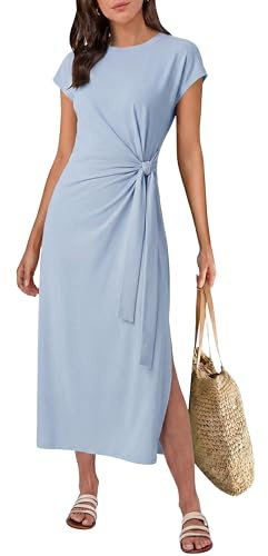GRECERELLE Women's Summer Midi Dress | with Tie Waist Casual Short Sleeve A-Line Flowy Dresses for Women UK
