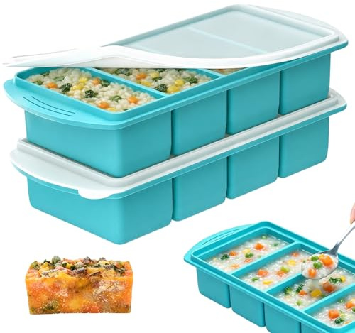 2-Pack Silicone Soup Freezer Tray with Lid, 1 Cup/250mL Large Freezer Mould, 4-Compartment Food Storage Container for Meal Prep, Soup, Broth, Sauce & Leftovers, Dishwasher & Oven Safe (Blue)