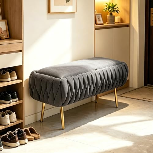 SANEIOUI Modern Sitzhocker mit Stauraum, Quadratisch Bettbank mit Goldenen Metallbeinen, Gepolsterte Sitzbank Flur, Samt Sitztruhe mit Stauraum für Flur, Eingangsbereich, Schlafzimmer (Grau)