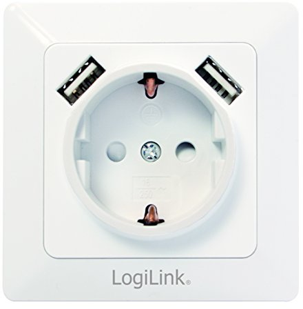 LogiLink PA0162 Schutzkontakt Steckdose mit 2X USB zum Laden von Smartphones, Handys, eBooks, Tablets, etc, Unterputzdose (DE 80x80mm) mit Kinderschutz