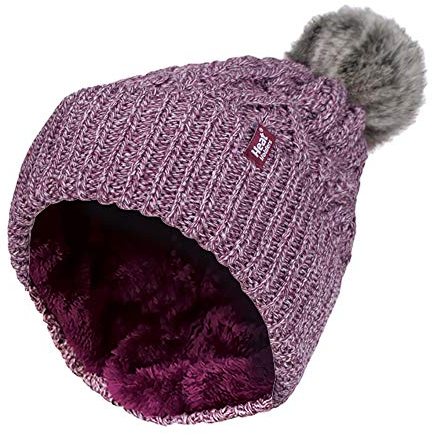 HEAT HOLDERS - Damen Warm Strickmütze Gefüttert Beanie mit Bommel und Fleecefutter (One Size, Rose (Solna))