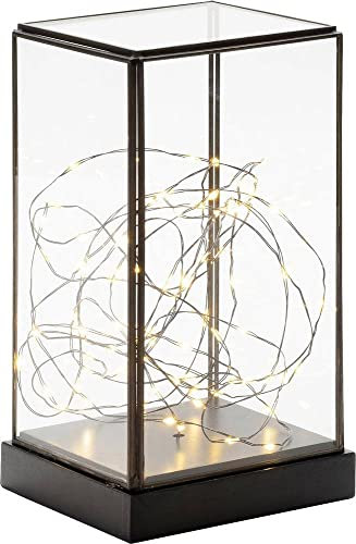 Konstsmide LED Glaslaterne rechteckig mit schwarzem Holzfundament, mit an/aus Schalter, 6h Timer, schwarz, batteriebetrieben, Innen, 80 bernsteinfarbene Dioden, schwarzes Kabel - 1818-870