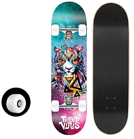 Skateboard Bunte Tiger Skateboard Kinder ab 8 Jahre 80x20cm 7-Lagigem Ahornholz Longboard Double Kick Komplett für Anfänger Jungen Mädchen Erwachsene Profi Penny Board