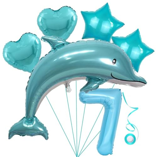 Jxuzh Delfin Blau Junge Folienballon 7.Geburtstag Luftballon Set XL Zahlen Ballon Zahl 7 Meerestier Luftballons Numbers Foil Balloon Jahre Sternfolie
