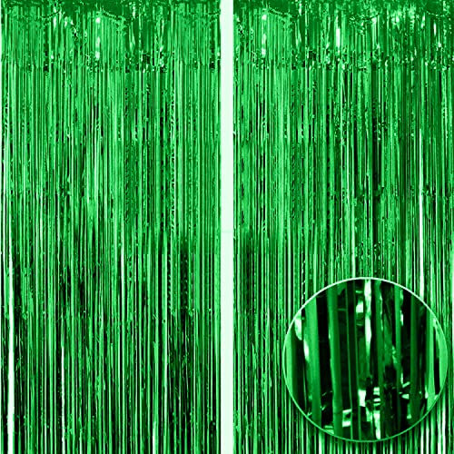 2pcs 3ft X 8.3ft Green Metallic Tinsel Curtains Aluminum Foil Flow Silk Curtain Background Streamer Birthday Party Wedding Holiday Backdrop Decoration