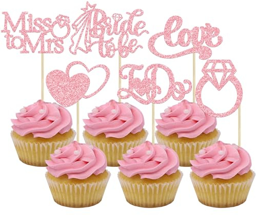 Gyufise 24 Stück Cupcake-Topper, rosa Glitzer, I Do Love, Herz-Ring, Miss To Mrs, Cupcake-Picks, Brautparty, Kuchendekorationen für Hochzeit, Verlobung, Junggesellinnenabschied, Partyzubehör