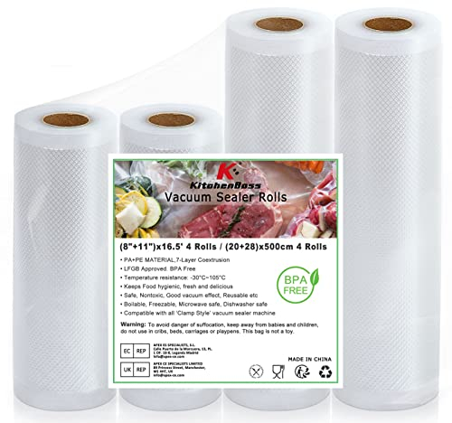 KitchenBoss Vakuumrollen Folienrollen Vakuumbeutel Folienbeutel Vakuumierfolie: Vakuumierbeutel für Vakuumiergerät, 20/28x500cm Einschweißfolie für Folienschweißgerät, aromadicht BPA-Frei 4 Rollen