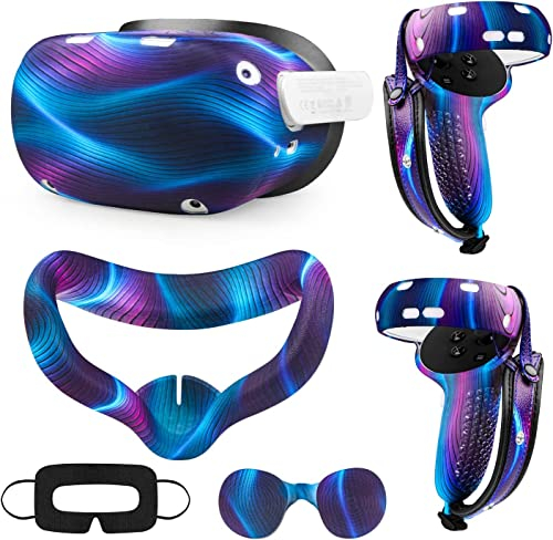 VR Silicone Case Compatible with Meta/Oculus Quest 2, VR Accessory Set, Include Controller Grip Leather Cover, VR Shell Cover, Face Cover, Lens Cover & 10PCS Disposable Eye Cover