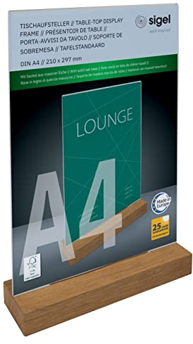 SIGEL TA256 Espositore da tavolo verticale, acrilico, con base in legno rovere, per A4