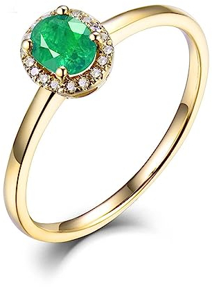 Vorsteckring Gold 585, Ring Smaragd Grün 14 Karat Gelbgold Ovale Form Solitärring mit 0,3 ct Smaragd Halo Damen Schmuck Größe 54 (17.2)