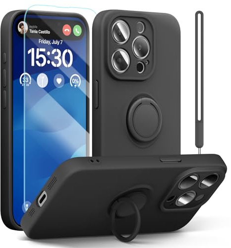 pcgaga Silicone Phone Case for iPhone 15 Pro with Screen Protector [Ring Holder Stand] [Wrist Strap] [Microfiber Lining] Slim Shockproof Protective Cover, 6.1, Black