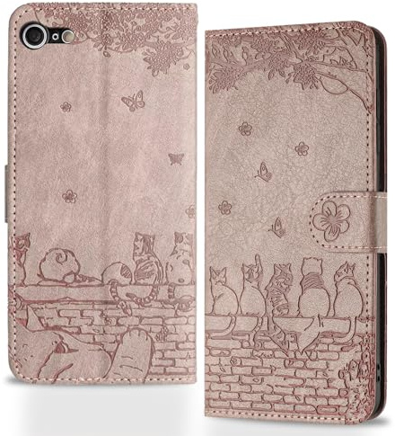 Butnyeoe Handyhülle für iPhone SE 2022/SE 2020,Zaunkatzen iPhone 8/7 Klappbar Hülle,Geprägtes Leder Wallet Schutzhülle Tasche Flip Case,Magnetische Klapphülle mit Kartenfach Standfunktion,Rosa-Violett