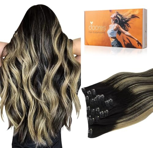 DOORES Remy Lot de 7 extensions capillaires à clip, en cheveux humains naturels, balayage, noir naturel à blond clair, 30 cm, 80 g