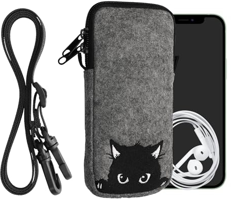 kwmobile Handytasche für Smartphones XXL - 7 - Filz Handy Hülle Grau Schwarz - Handy Tasche mit Kette 17,7 x 8,5 cm Innenmaße - Neugierige Katze