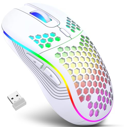 Souris de jeu sans fil, souris d'ordinateur rechargeable, souris ergonomique au design en nid d'abeille avec rétroéclairage RVB, récepteur USB, souris sans fil pour PC/Mac/ordinateur portable (blanc)