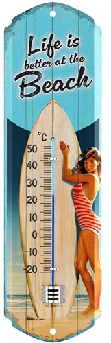 LANOLU Retro Thermometer Blechschild Life is better at the BEACH, Surf und Strand Deko Garten, Pool Schild und Pool Dekoration, Camper Geschenke, analoges Thermometer 8x28cm