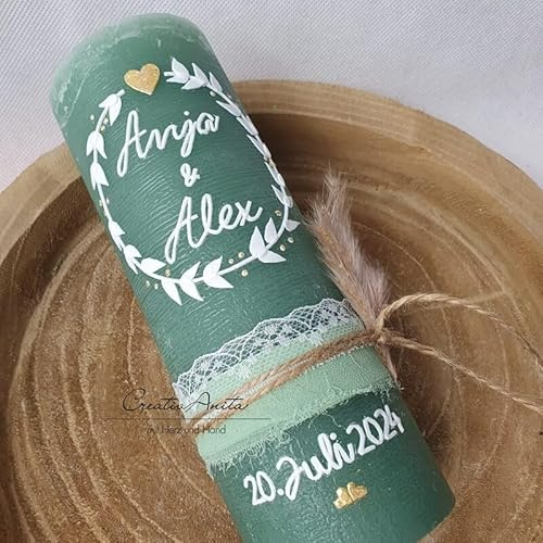 Hochzeitskerze Rustik eukalypthus - grün - weißer Blätterkranz weiß-gold mit oder ohne Teelichteinsatz