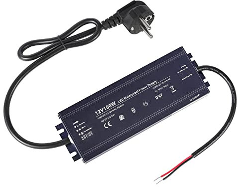 Trasformatore LED 12V 100W, Ultra Sottile Alimentatore Impermeabile IP67 Driver con Spina, AC 100-264V a DC 12V 8.3A 100W Trasformatori Adattatore LED Senza Sfarfallio per Luce Esterna, Striscia Luci