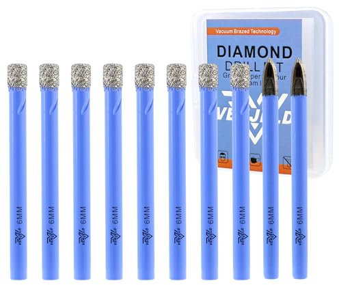 VENJELD Set Punte Trapano Diamantate - 6mm 8 Pezzi Punte per Piastrelle e 2 Pezzi 6mm Trapano al Carburo per Ceramica Porcellana Marmo Granito - Gambo Tondo con Custodia