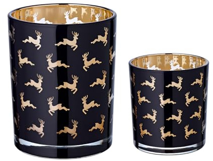EDZARD Teelichtglas Luna 2er-Set (H 8 + 13 cm, Ø 7 + 10 cm), schwarz | Hirsch-Motiv leuchtet golden im Kerzenschein · zwei Höhen ergeben eine Lichttreppe · 2er-Set