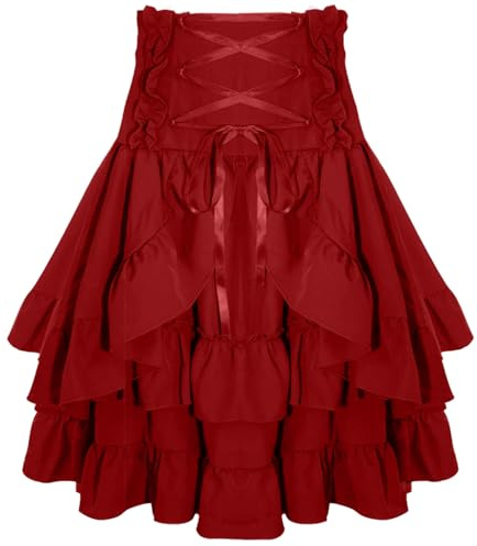 SEAUR Falda victoriana para mujer, cintura alta, con volantes, renacentista, medieval, vintage, steampunk, gótica, línea A, con cordones, falda de tres capas, para carnaval, festivo, cosplay, rojo, M