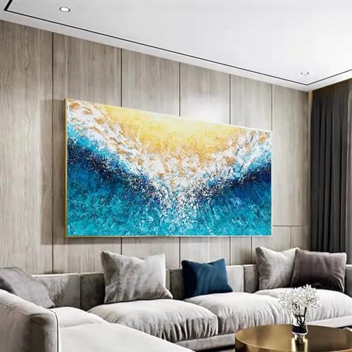 NXMYDBD Großes Meeresgemälde auf Leinwand, blaue Meereslandschaft, abstrakte weiße Welle, Heimdekoration, Meereslandschaften, Wandkunst für Wohnzimmer, Heimdekoration, 70 x 140 cm, ungerahmt