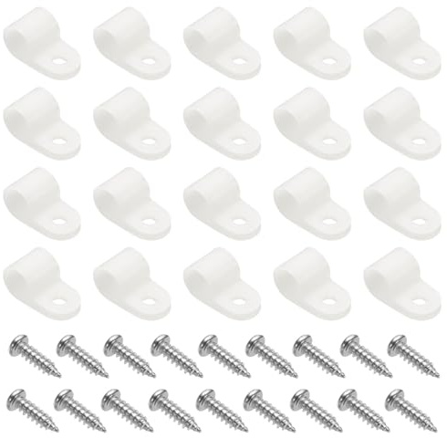 sourcing map 100pcs Cable Clamps 3/8 Inch R-Type Nylon Cable Clip Wire Clamp Rope Light Mounting Cord Fastener Clips with Screws for Wire Management, White