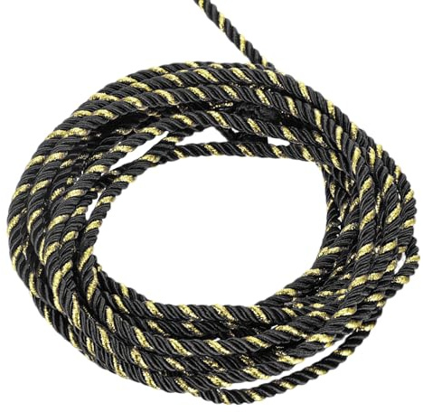 sourcing map Cordoncino intrecciato, 5 m, 5 mm, 3 strati, filo intrecciato lucido, per artigianato, sacchetti regalo, tende, decorazioni natalizie, nero e oro, 5 m