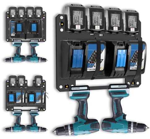 Wandhalterung für Makita Akkus und Ladegeräte – 2 mm Eisen mit Premium Montagematerial, hochwertige Makita Akku Halterung, passend für 4 Akkus (14,4V/18V), DC18RC/DC18RD Ladegeräte & 2 Bohrschrauber