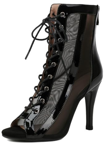 Ceciloroda Damen Heeled Burju Dance Schuhe Peep Toe Mesh Stiefeletten Stiletto Gladiator Sandalen Comfy Dressy Sandalen Ballrrom Schnüren Black Size 40